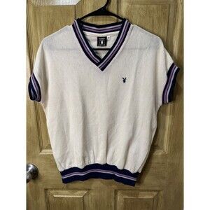 Vintage Playboy Cream Purple Trimmed Short Sleeve Pull Over Sweater Medium USA